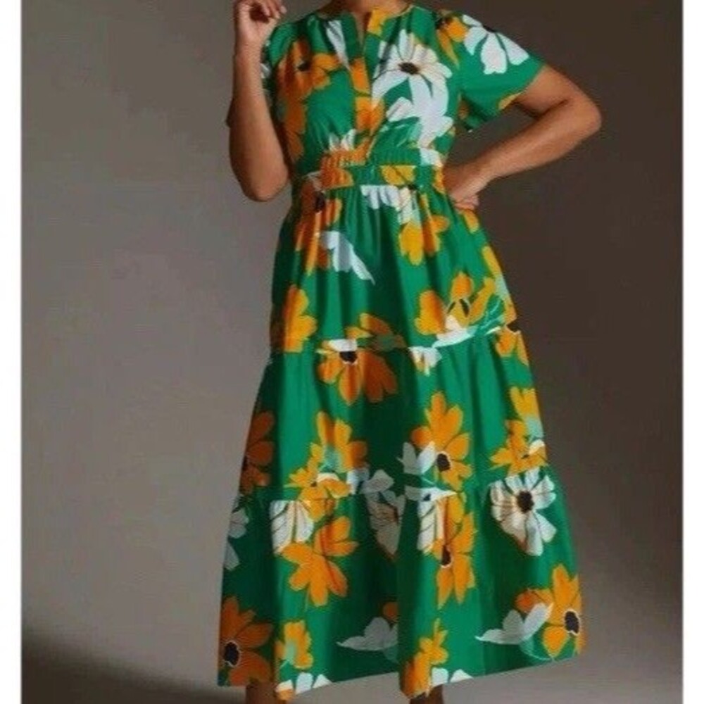 Anthropologie Maeve The Somerset Kelly Green Floral Maxi Dress Size XS